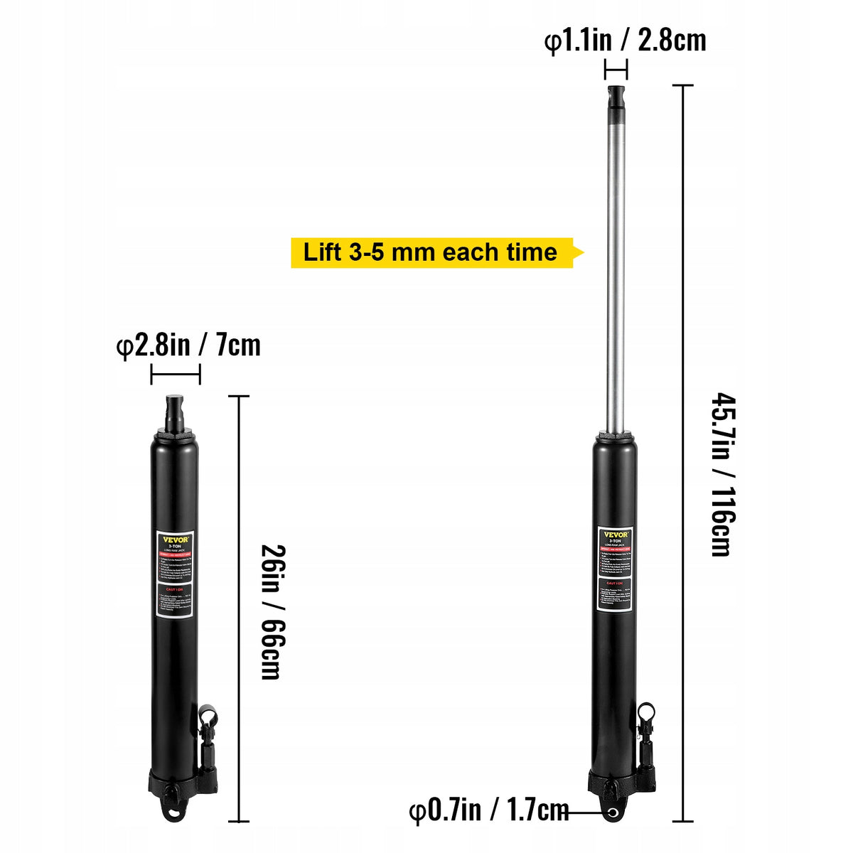 VEVOR Hydraulic cylinder Load capacity 3T 26"–45,7" 8,3KG 1 Handle Manufacturer code ZGYYQJDHSDG3T08