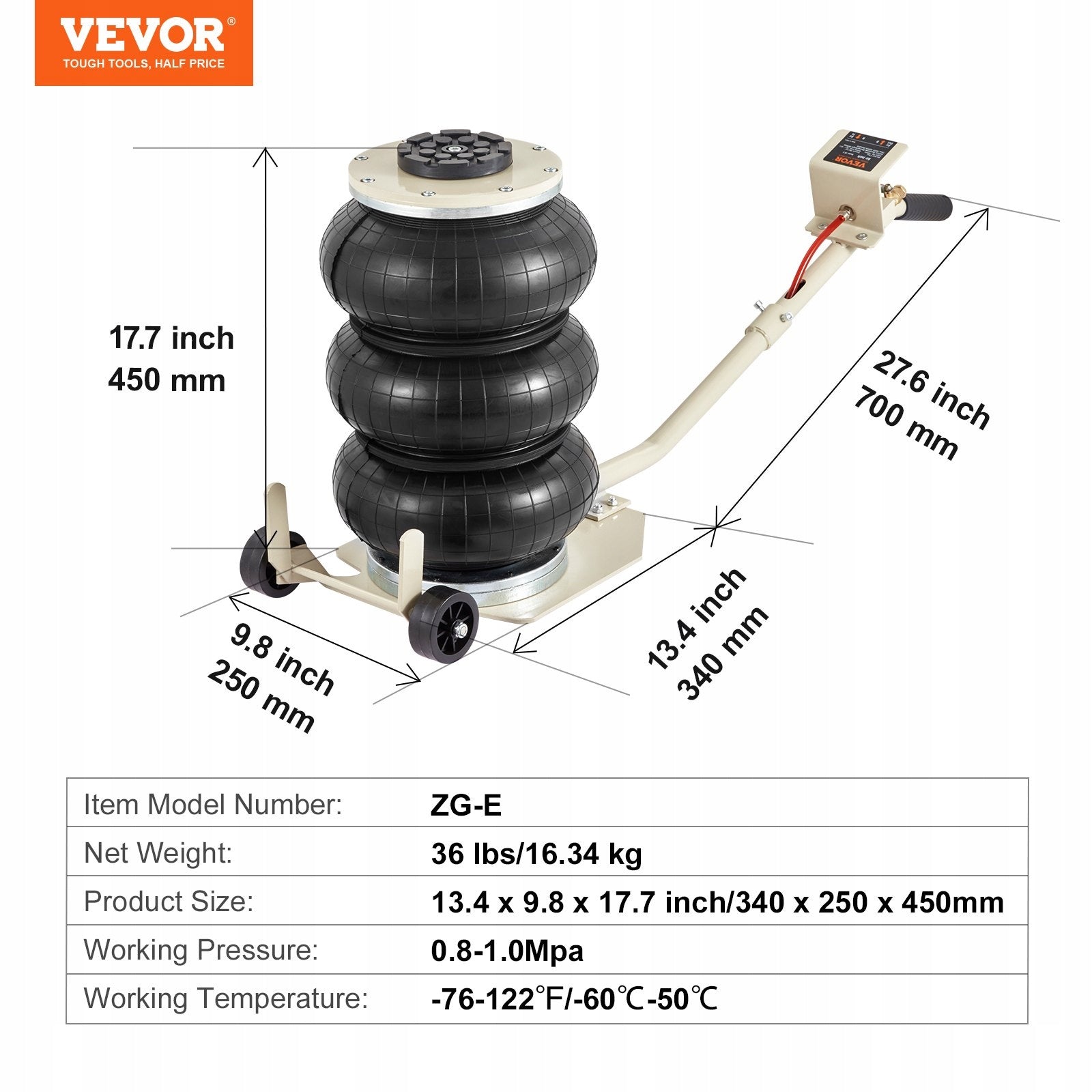 VEVOR PNEUMATIC LIFT 3T WHITE TRIPLE BAG 140-50MM ny 3T Brand no brand