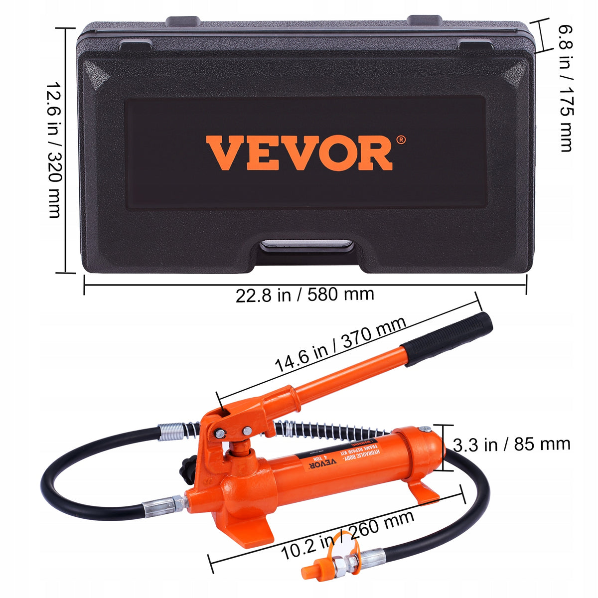 VEVOR Podnośnik hydrauliczny z pompą powietrza 260x92x85MM 15 KG QT450 Maximum lifting height 415 mm