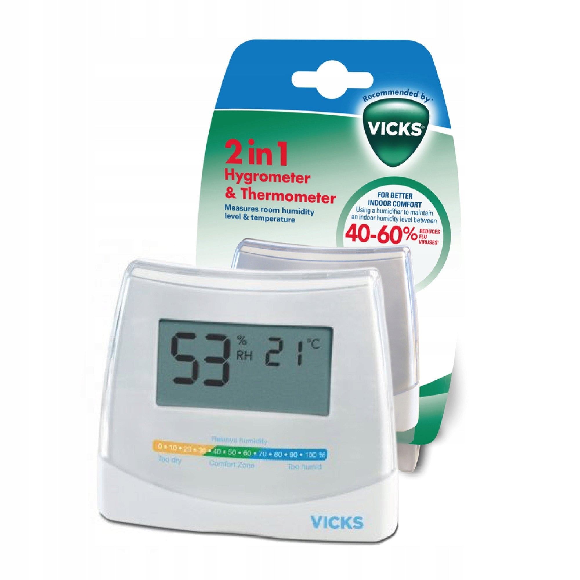 VICKS 2IN1 HYGROMETER AND ELECTRONIC THERMOMETER FOR MOISTURE AND TEMP MEASUREMENT