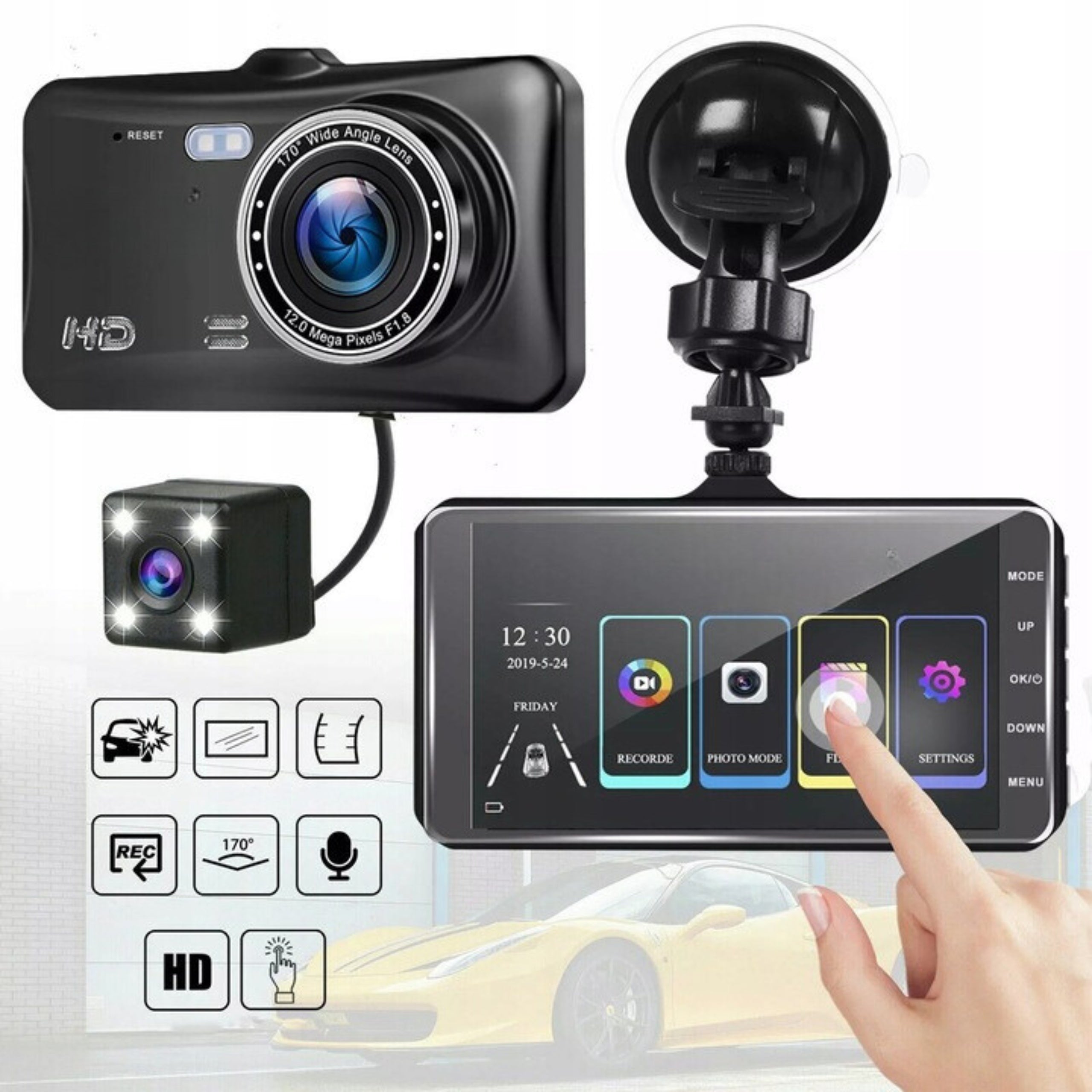 VIDEO DRIVING RECORDER REVERSING CAMERA POLISH MENU TOUCH FULLHD MONITOR Model 556987485