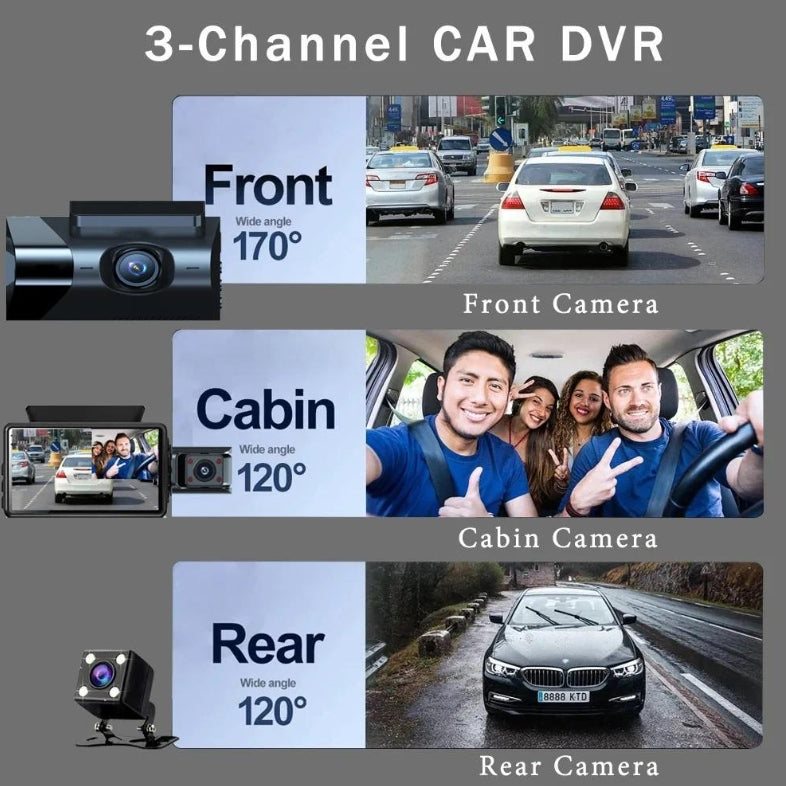 VIDEO RECORDER CAR CAMERA 3 CHANNEL HD 1080P FRONT,INTERIOR,REAR Manufacturer code KAMERA SAMOCHODOWA WIDEOREJESTRATOR 3w1