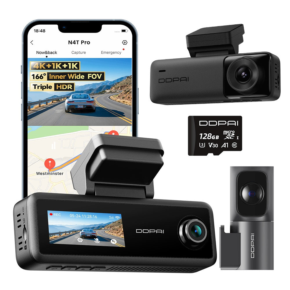 VIDEO RECORDER DDPAI N4T Pro 4K HDR CAMERA FRONT REAR INTERIOR 128GB