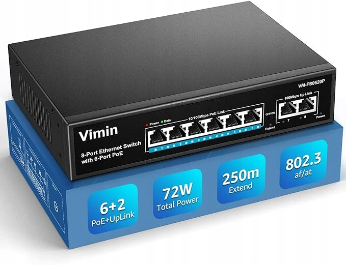 VIMIN Unmanaged 8-Port PoE Switch 10/100 6 x POE