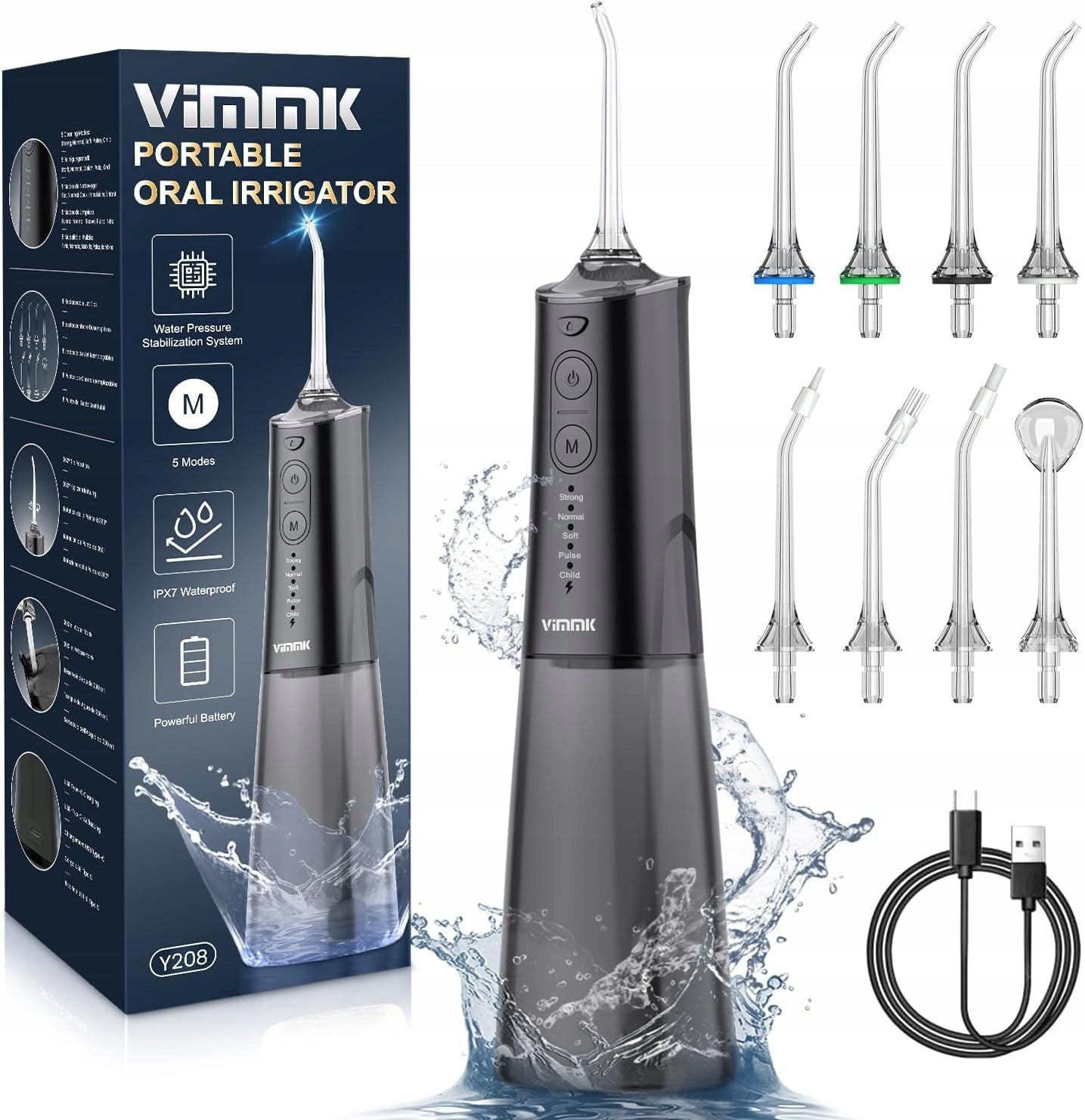 VIMMK Wireless Tooth Irrigator 5 Modes 8 Nozzles IPX7 300ML Black