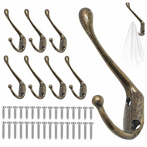 VINTAGE BRONZE METAL DOUBLE WALL HOOKS FOR CLOTHES SET OF 8