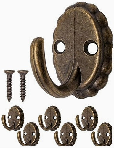 VINTAGE CAST IRON OLD BRASS WALL HOOKS FOR CLOTHES TOWELS 6 PCS