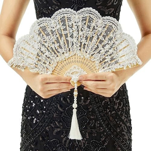 VINTAGE LACE FAN WITH BEADS FOR WEDDING DANCE PARTY Brand no brand