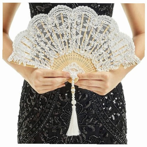 VINTAGE LACE FAN WITH BEADS FOR WEDDING DANCE PARTY