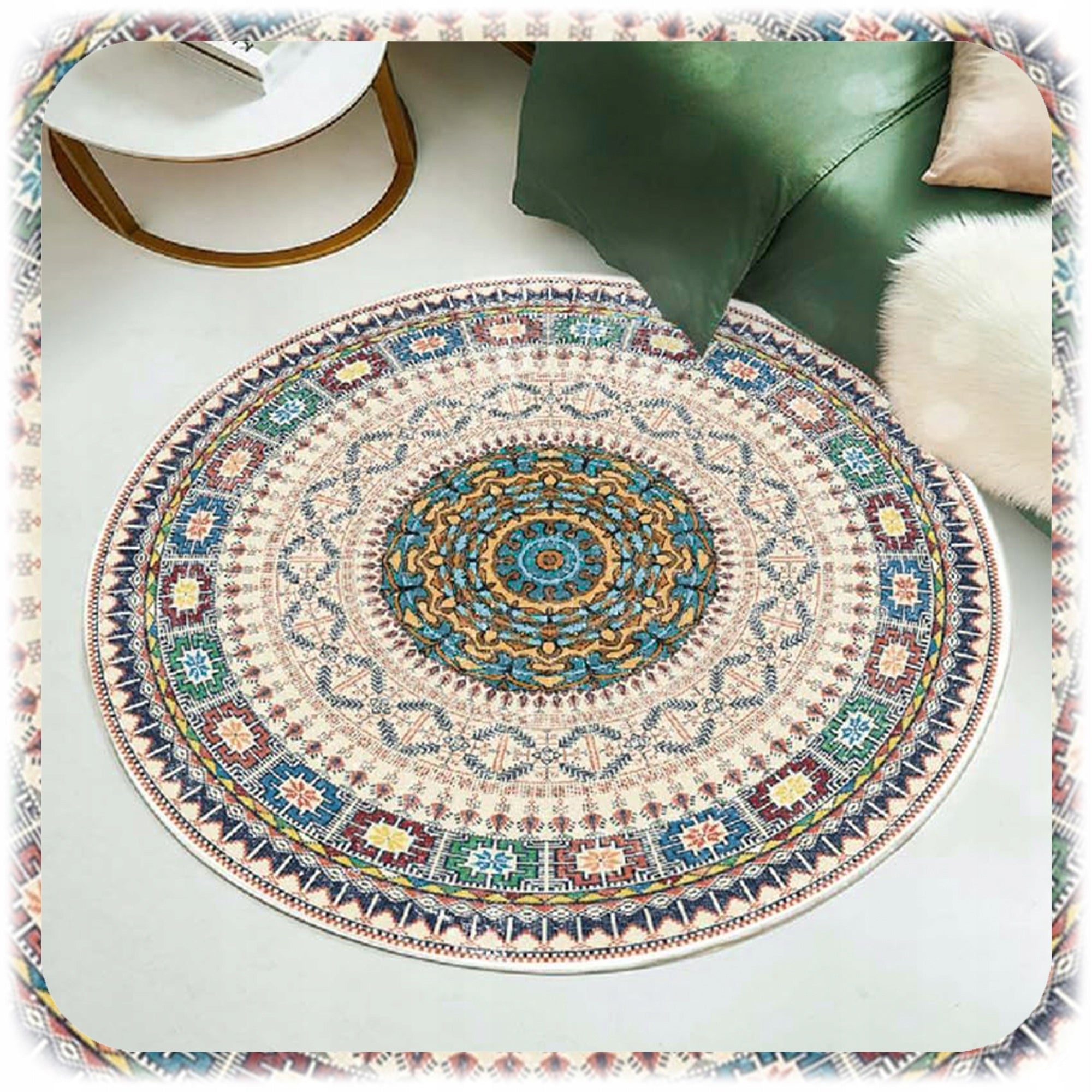 VINTAGE ROUND CARPET WITH RETRO PATTERNS BOHO STYLE NON-SLIP 120x120 CM Manufacturer code 13