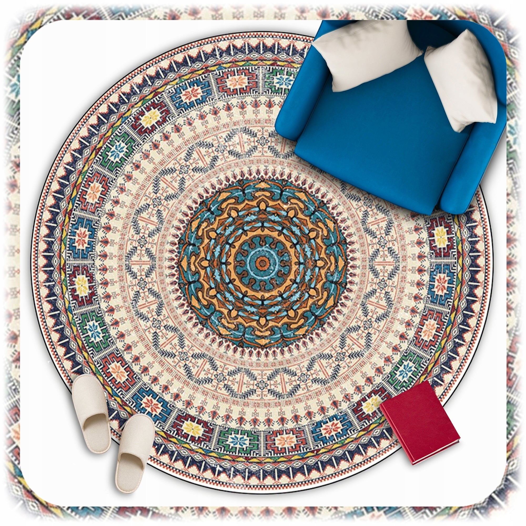 VINTAGE ROUND CARPET WITH RETRO PATTERNS BOHO STYLE NON-SLIP 120x120 CM Packaging status original