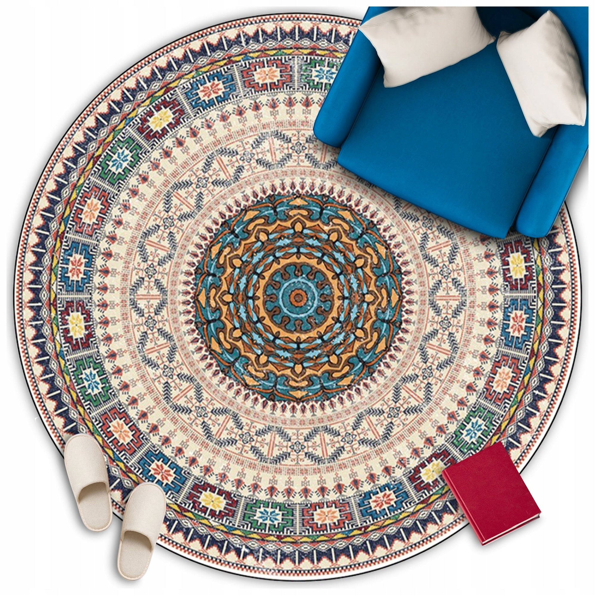 VINTAGE ROUND CARPET WITH RETRO PATTERNS BOHO STYLE NON-SLIP 120x120 CM