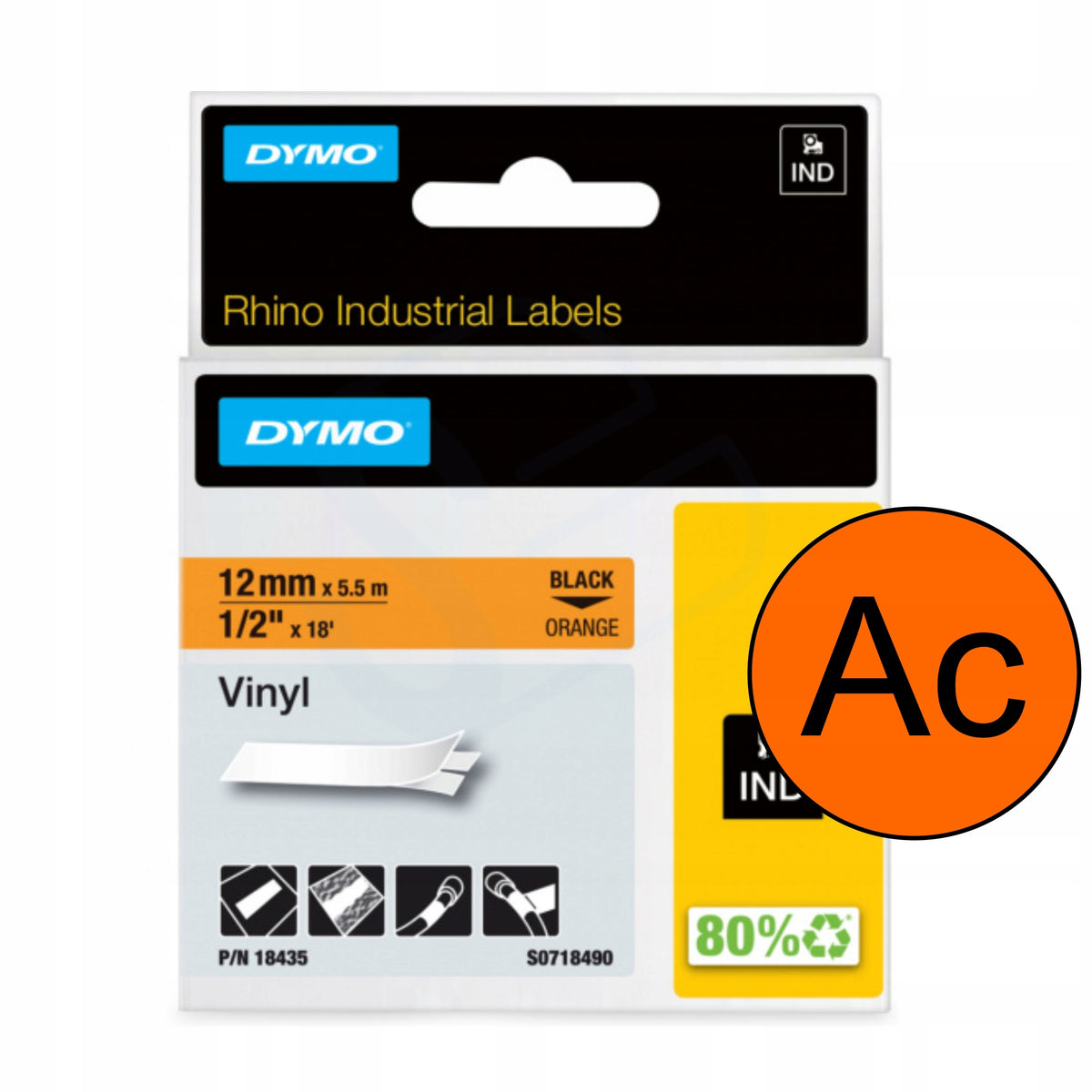 VINYL TAPE 12MM ORANGE BLACK PRINT DYMO