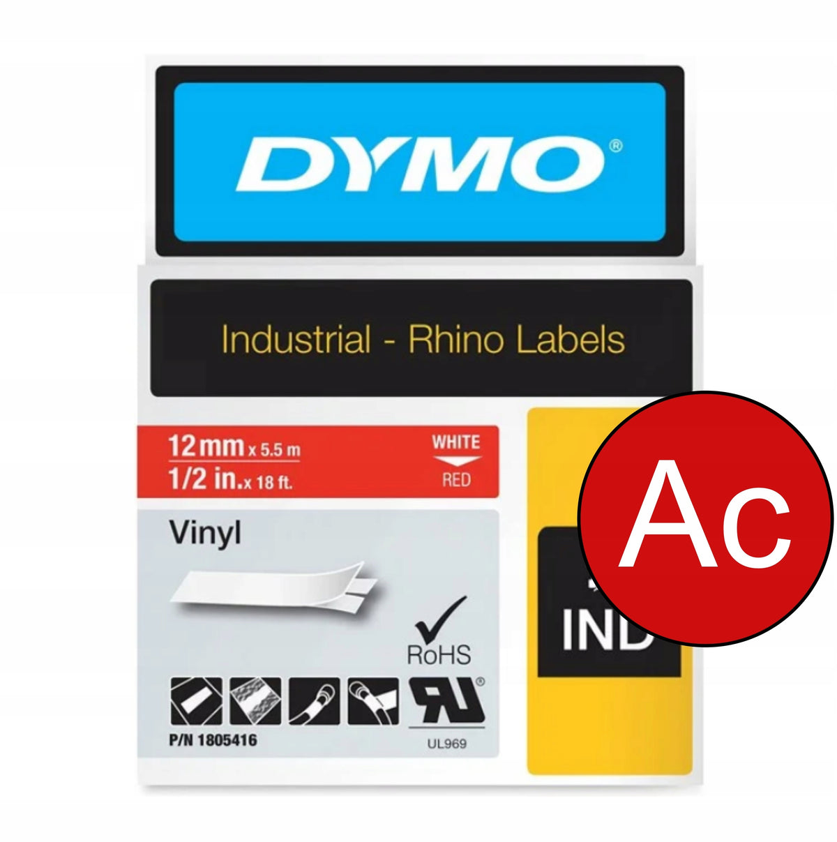 VINYL TAPE 12MM RED WHITE PRINT DYMO