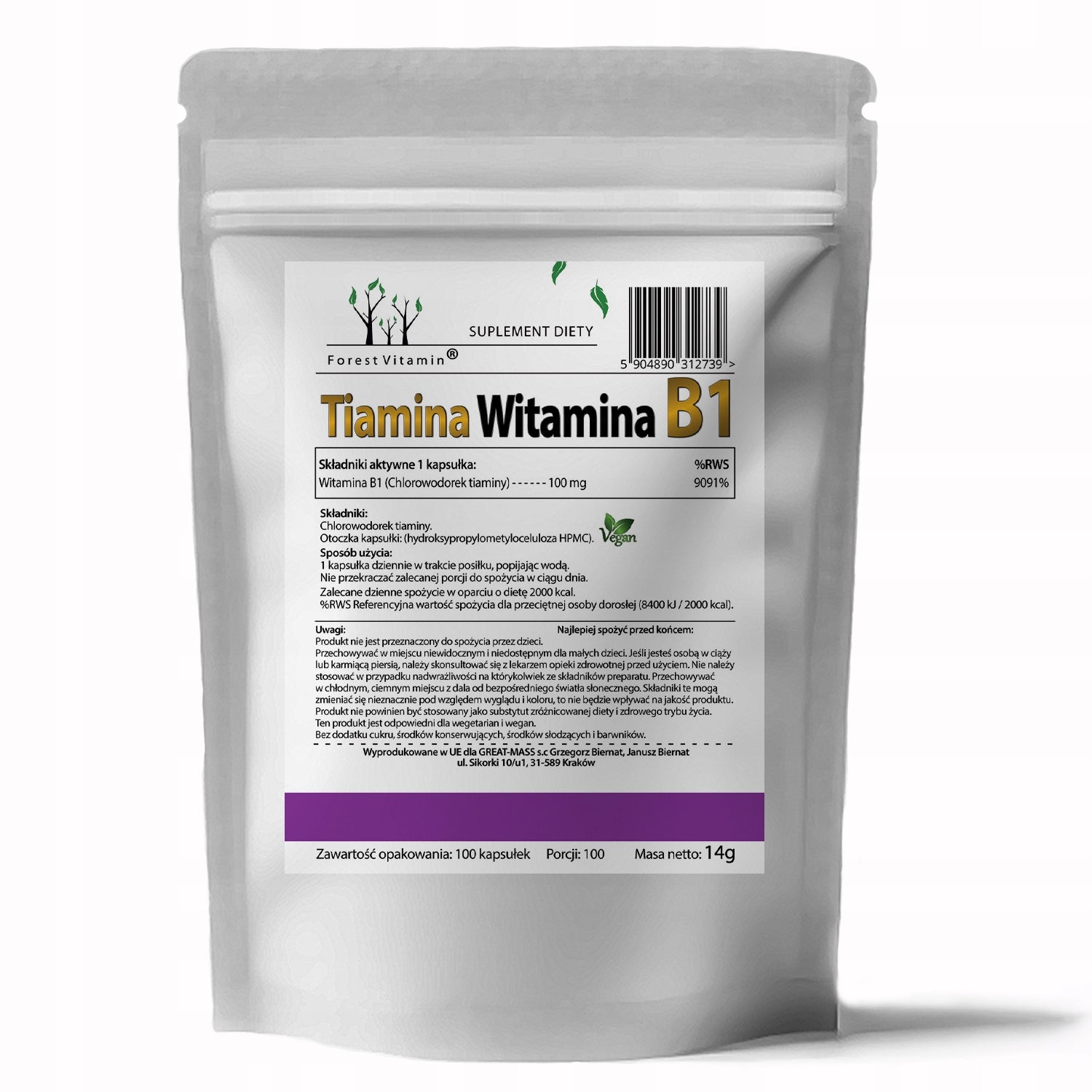 VITAMIN B1 THIAMINE 100 MG 100CAPS ENERGY CONCENTRATION HEART BRAIN Brand Forest Vitamin