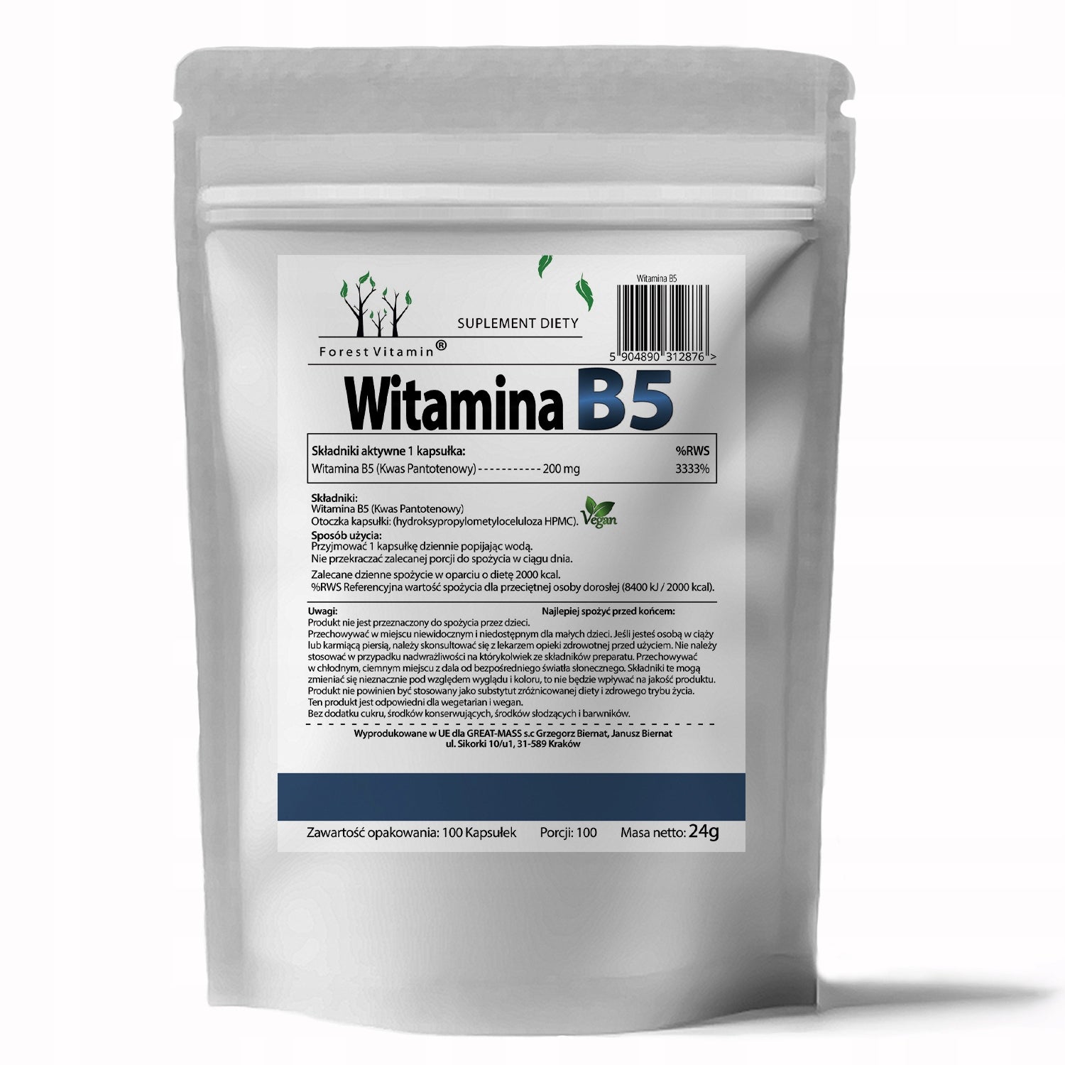 VITAMIN B5 PANTOTHENIC ACID 200MG 100 KAPS VEGE ENERGY FATIGUE Brand Forest Vitamin