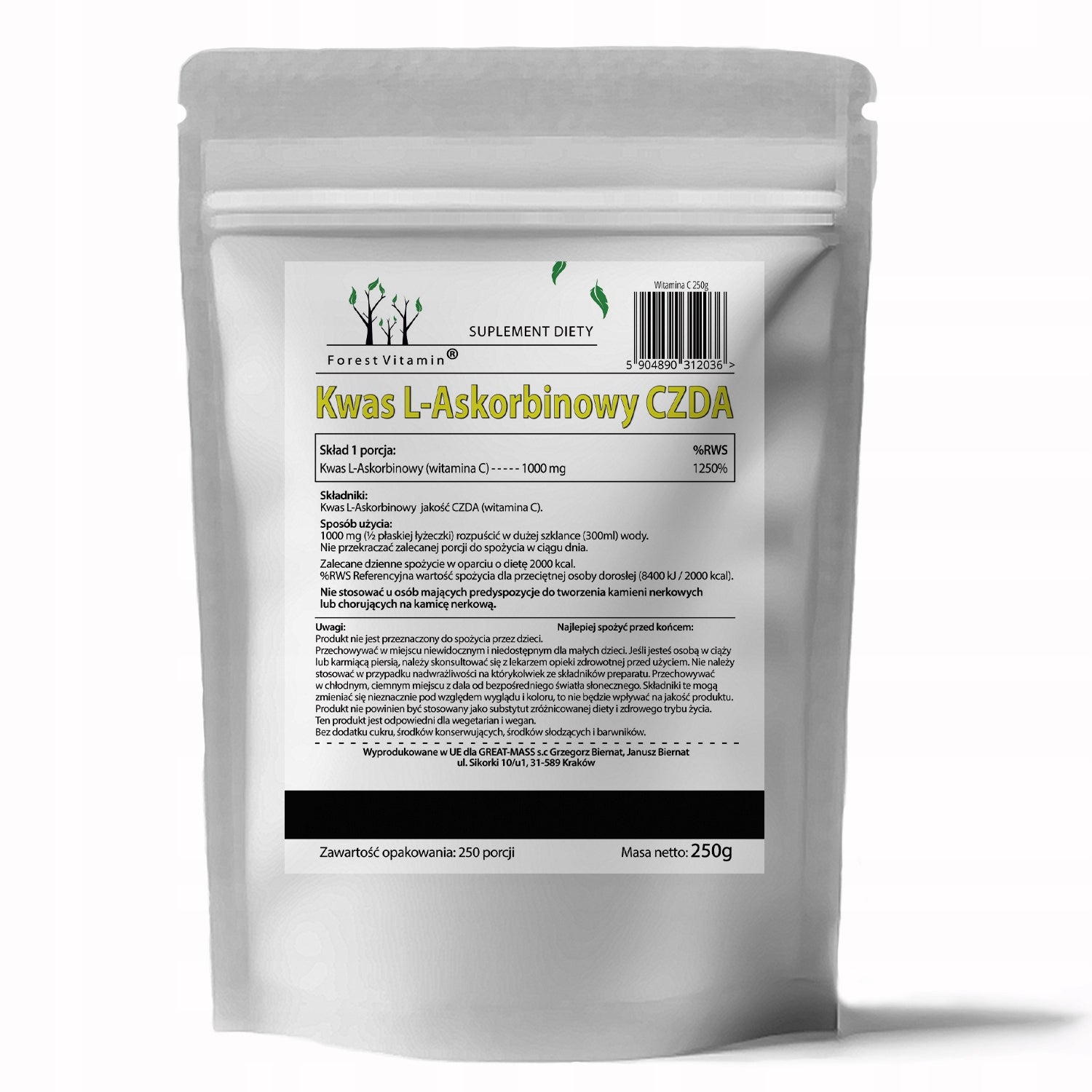VITAMIN C 250g PURE POWDER L-ASCORBIC ACID QUALITY CHDA Brand Forest Vitamin