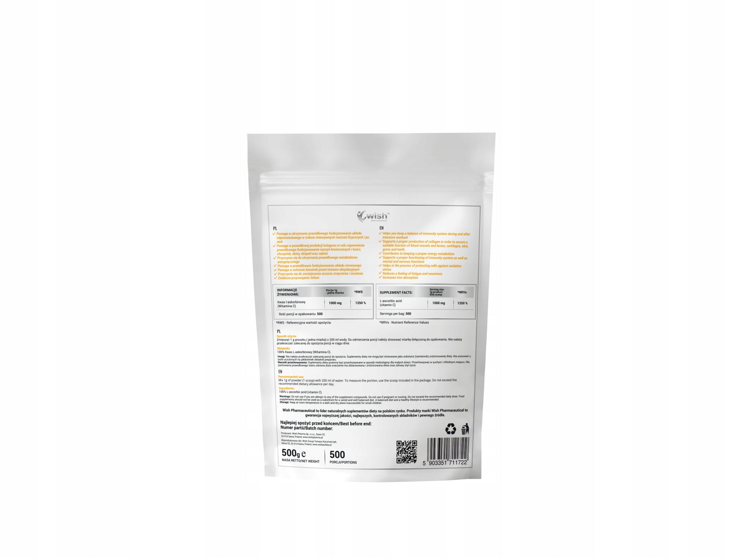 VITAMIN C L-ASCORBIC ACID POWDER 0,5kg Vege EAN (GTIN) 5903351711722