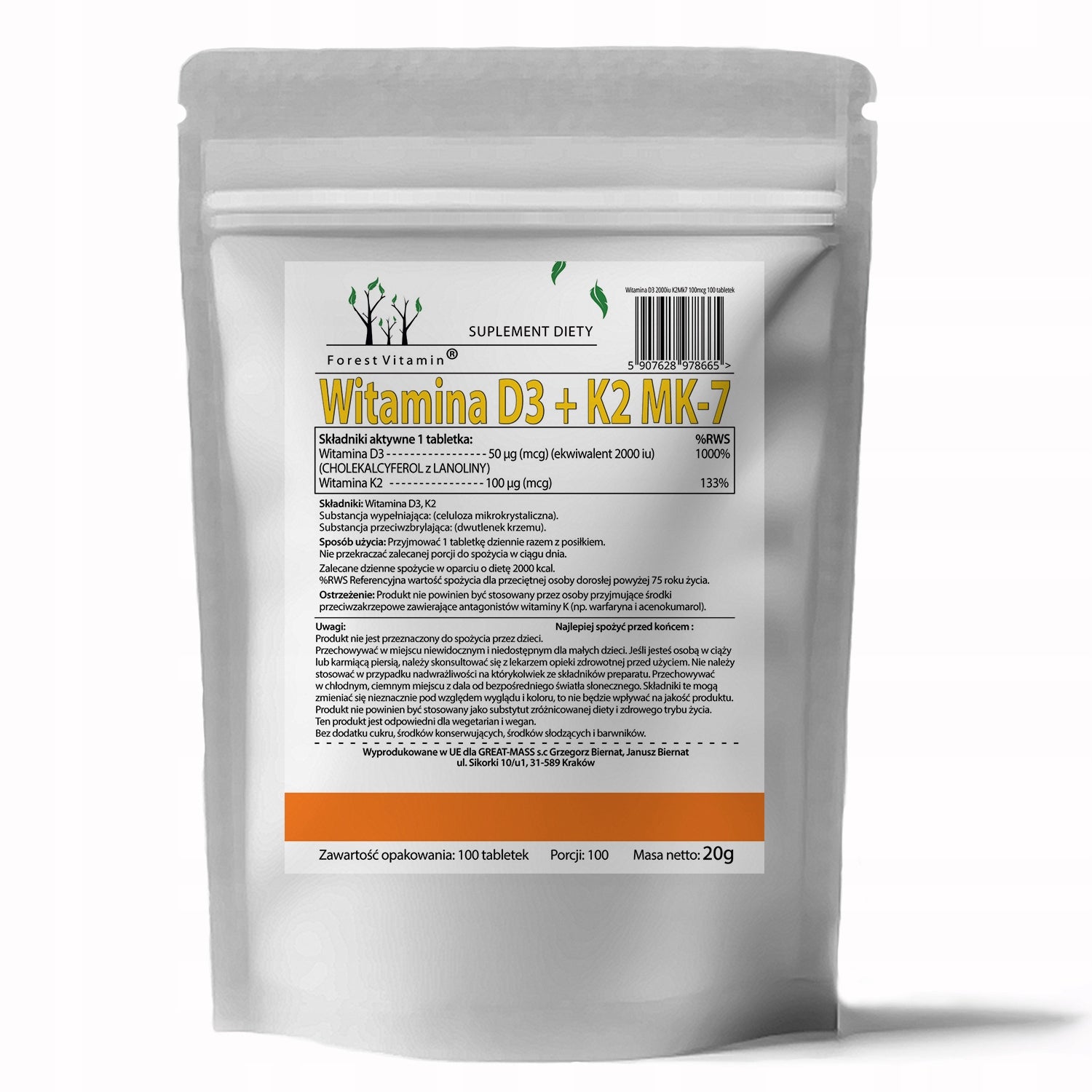 VITAMIN D3 2000 iu+K2 MK-7 100 mcg 100 tab FOREST RESISTANCE JOINTS BONES Expiration date not specified