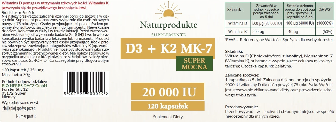 VITAMIN D3+K2 MK-7 SUPER STRONG 20 000 IU 120 pcs HEART BONEs Naturprodukte Medical device no