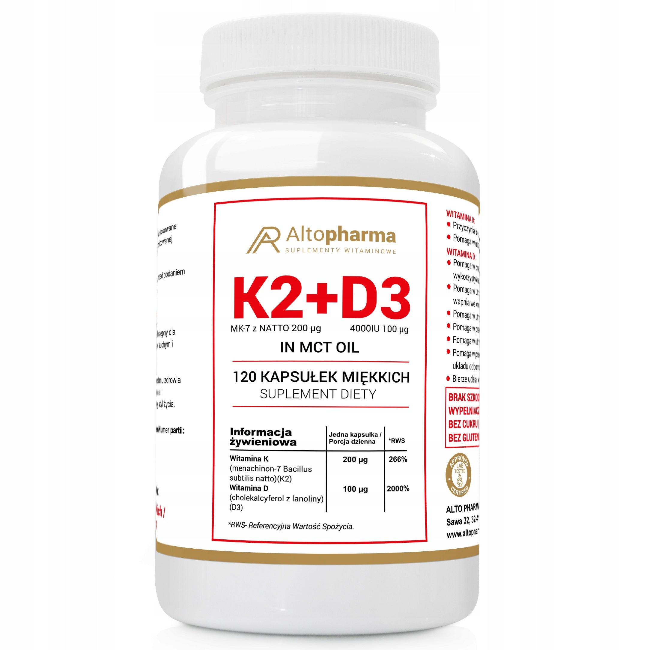 VITAMIN K2 MK7 natto + D3 4000IU + COCONUT OIL MCT Alto Pharma 120 kaps.