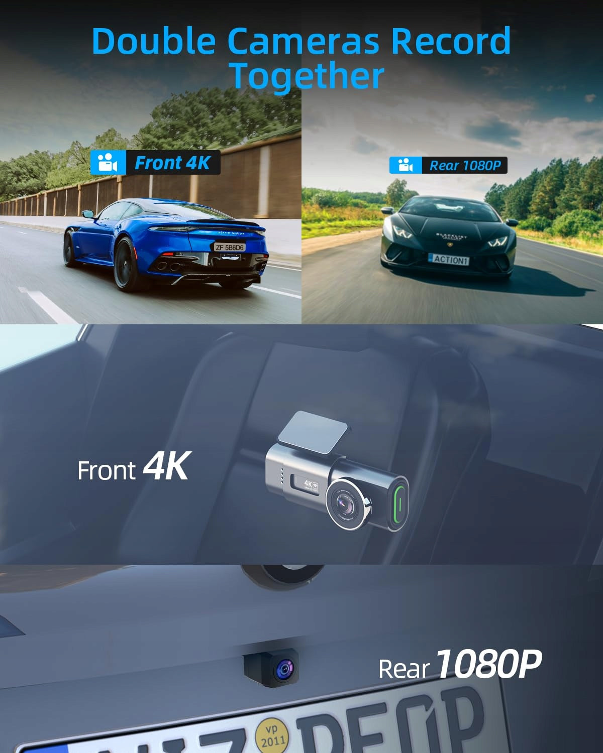 VORNE HINTEN 4K Car Camera 1080P WiFi 64GB SD Card WDR G Sensor Manufacturer code Q20