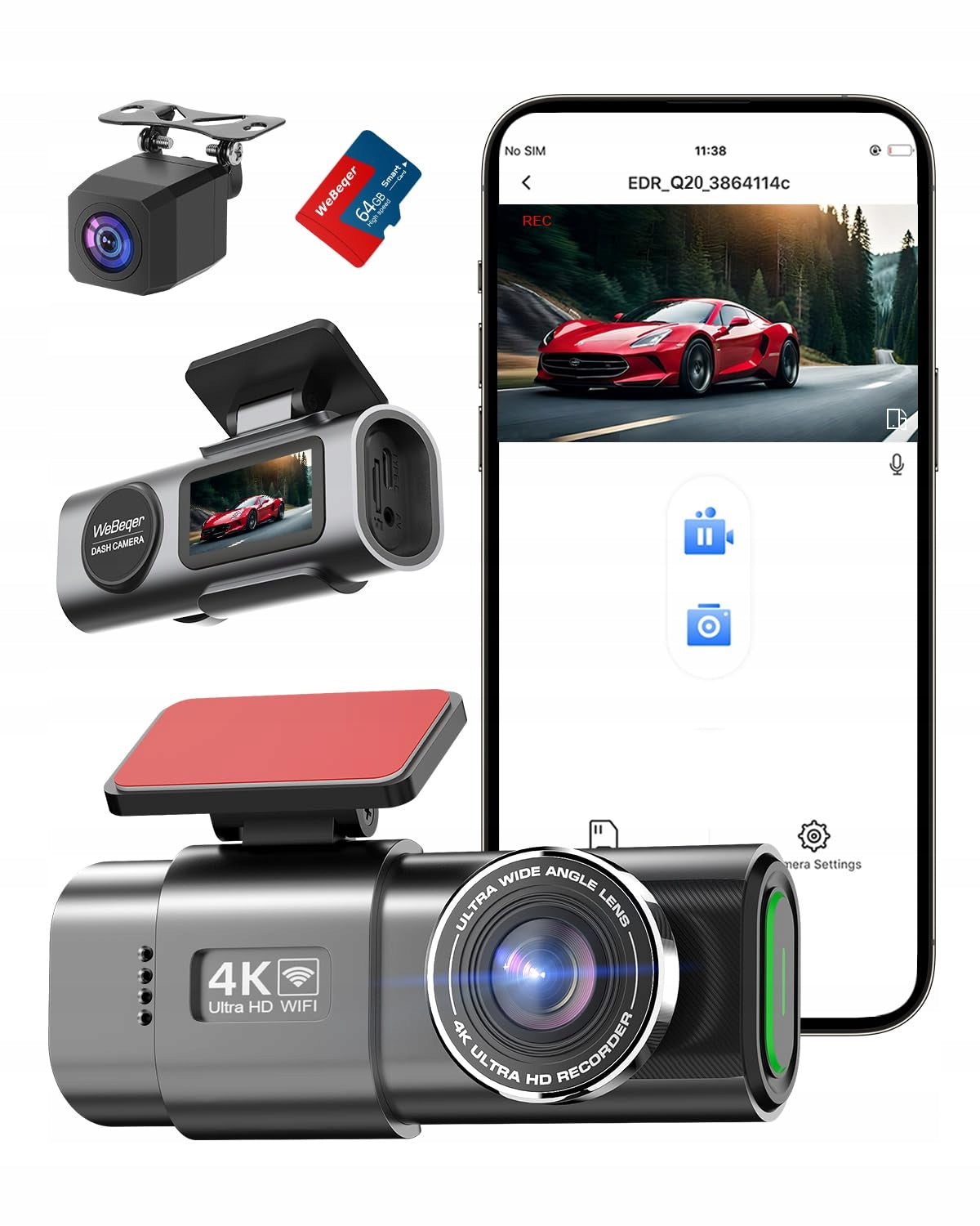 VORNE HINTEN 4K Car Camera 1080P WiFi 64GB SD Card WDR G Sensor