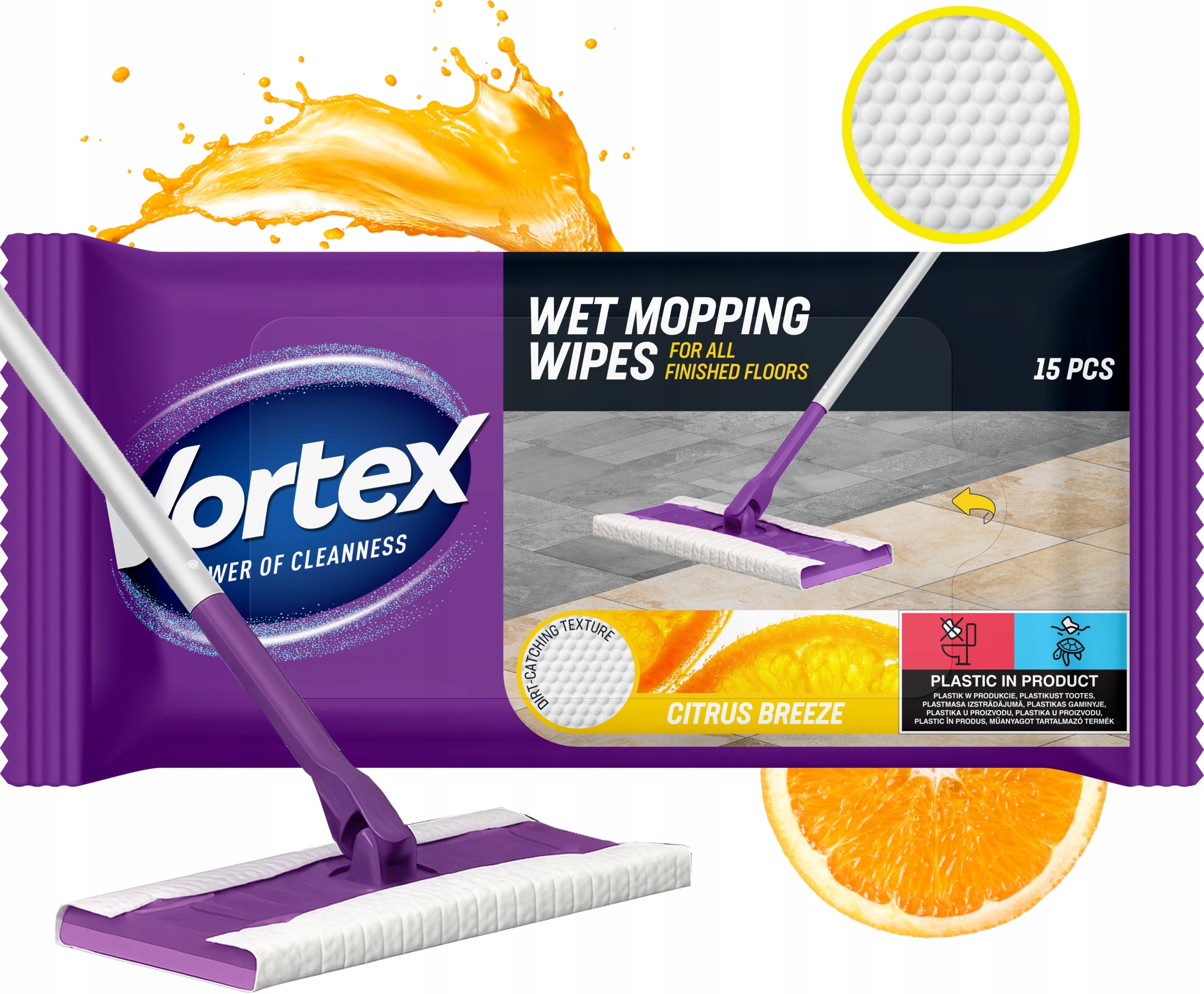 VORTEX WET CLOTHS CITRUS BREEZE REPLACEMENT FOR MOP CARTRIDGES 15 pcs. Brand Vortex