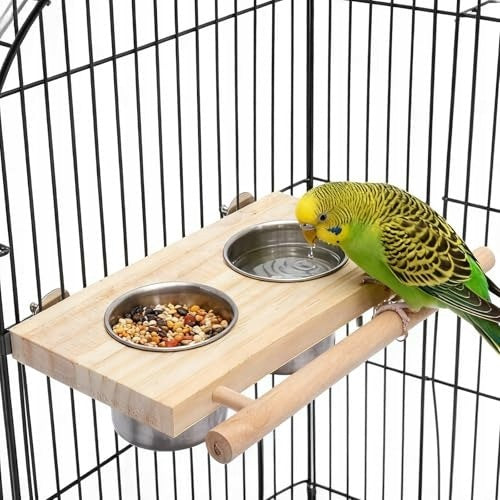 VOSSOT STEEL BIRD FOOD BOWLS WITH WOODEN SEAT SHELF Packaging status original