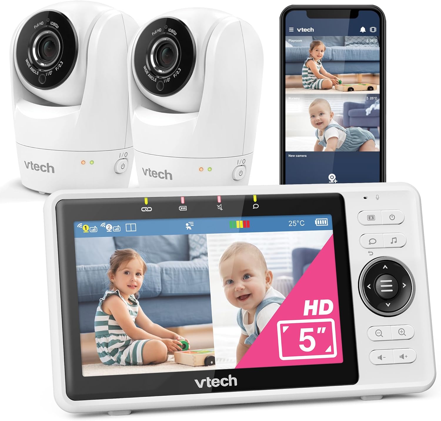 VTech VM901-2W Baby Monitor WiFi 2 Cameras FHD 1080p Screen 5 inches