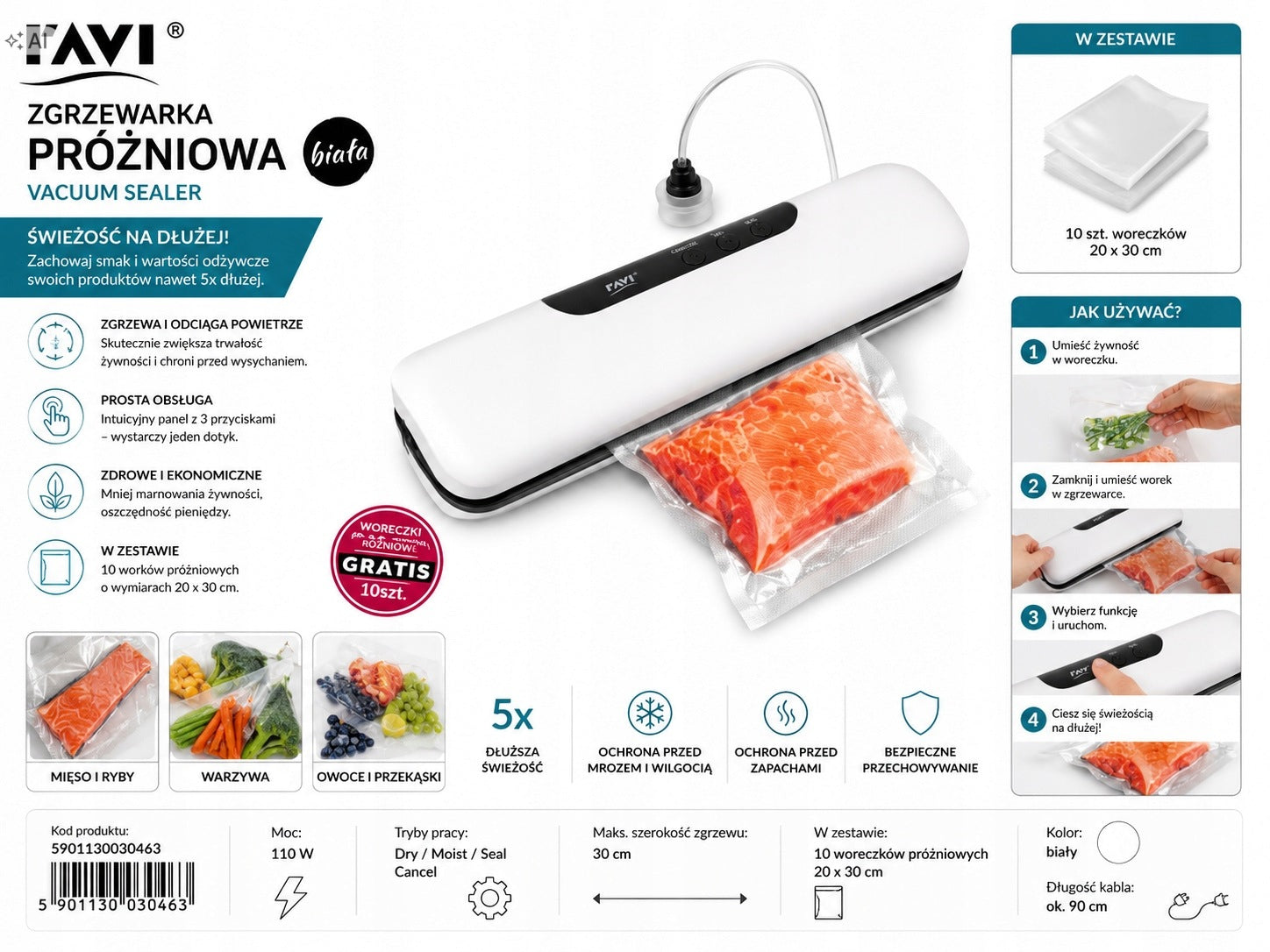 Vacuum Welding Machine FAVI 110W for Food + 10 Bags 20x30 cm White
