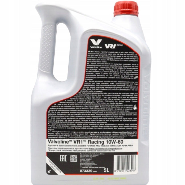 Valvoline VR1 Racing 10W60 5L Manufacturer code 873339