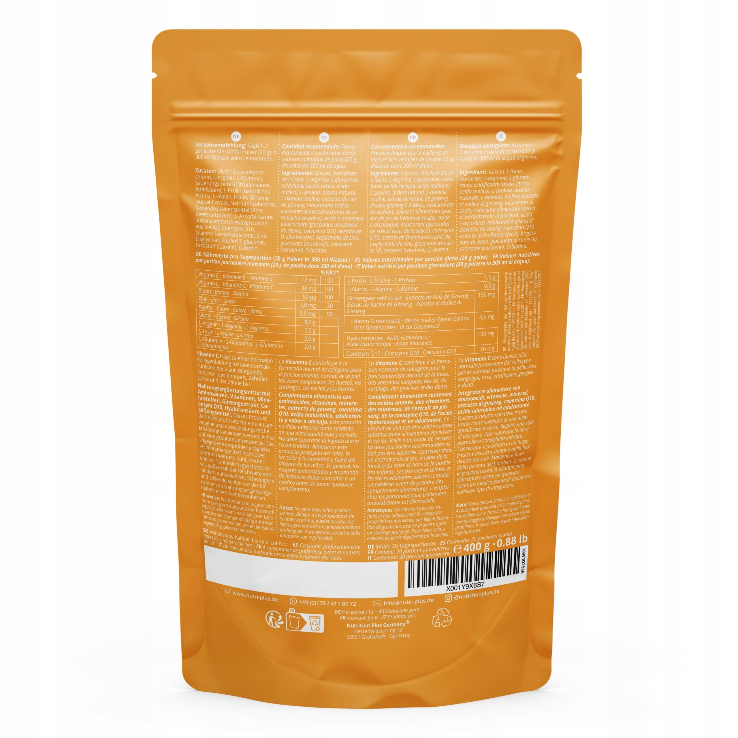 Vegan Collagen + Vitamins, Minerals, Ginseng, Orange, 400g Brand Nutri-Plus