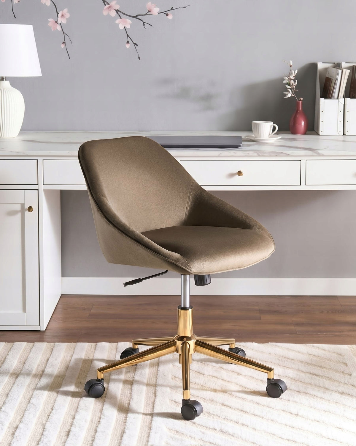 Velour Office Chair Brown Adjustable Swivel Metal Feet Packaging status original