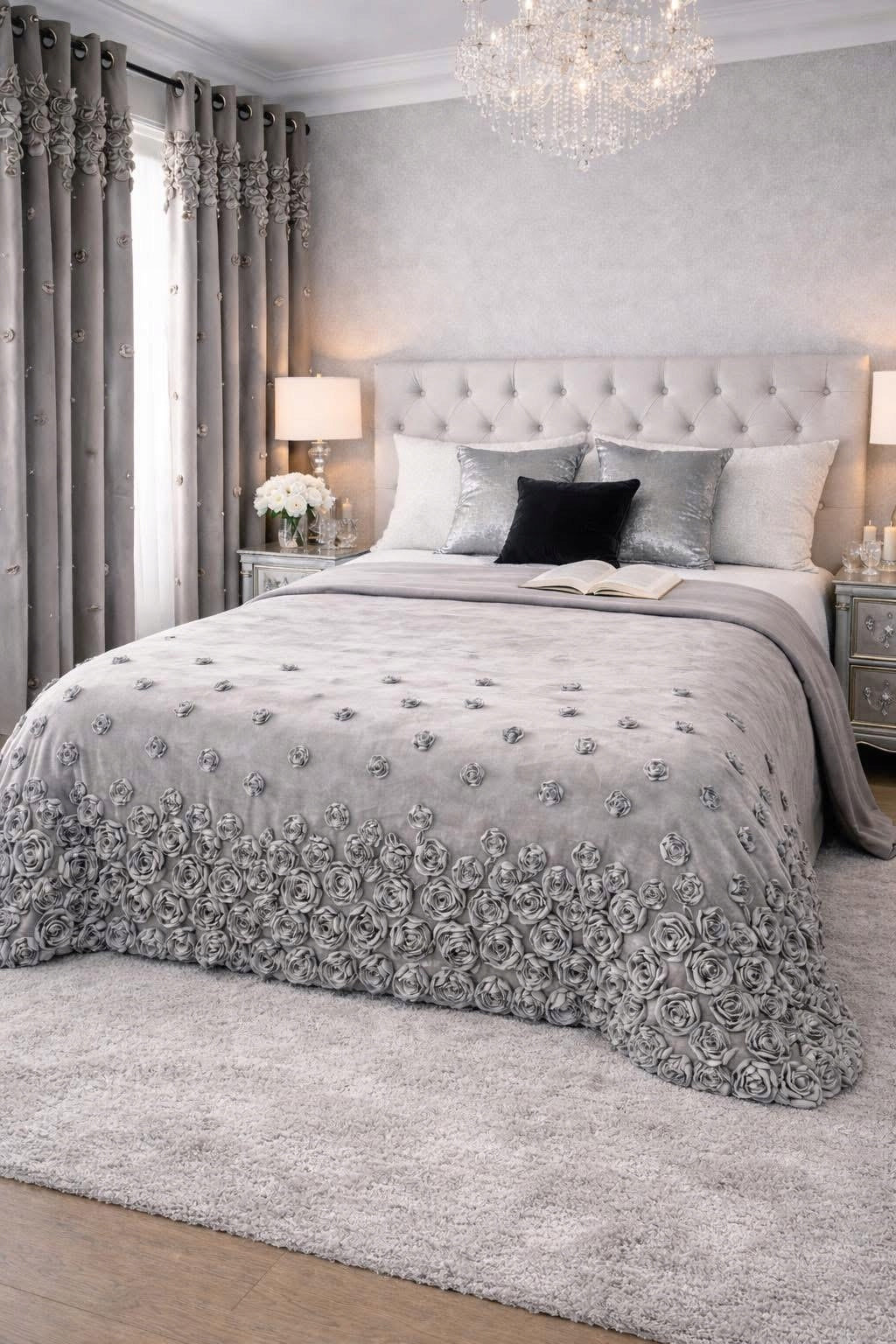 Velour bedspread French Roses 200x220 cm embroidered roses Grey