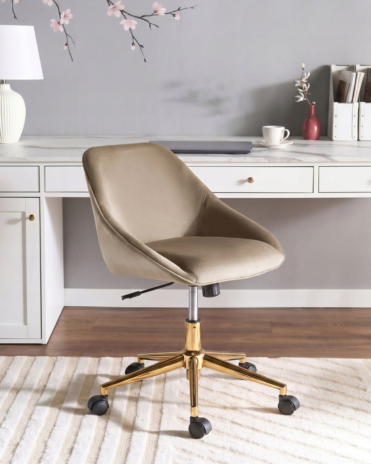 Velvet Office Chair Beige Gray Adjustable Swivel Metal Feet Packaging status original