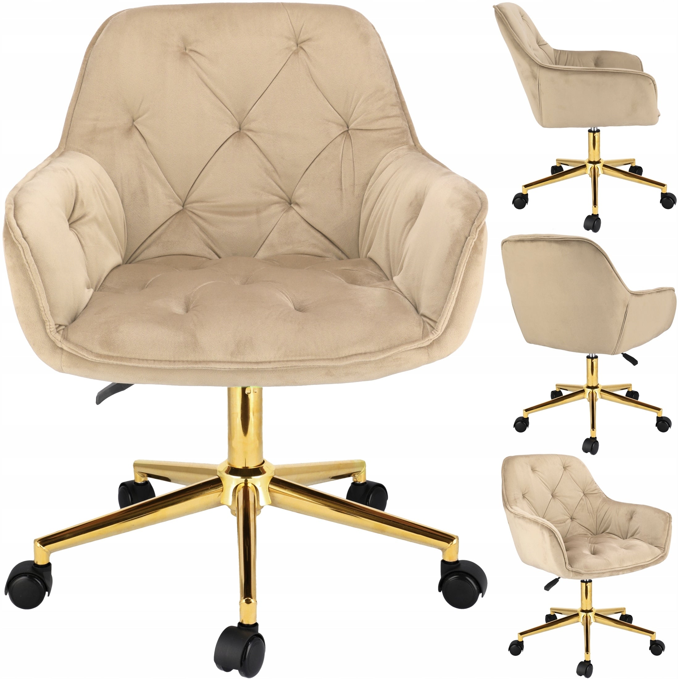 Velvet armchair UPHOLSTERED for living room QUILTED LARGO beige on gold foot