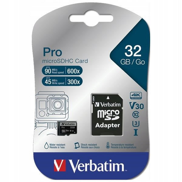 Verbatim microSD card 32GB + adapterPro U3 black/black 47041 Card capacity 32 GB