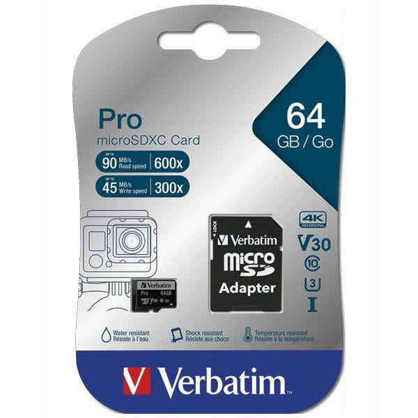 Verbatim microSD card 64GB + adapterPro U3 black/black 47042 Card capacity 64 GB