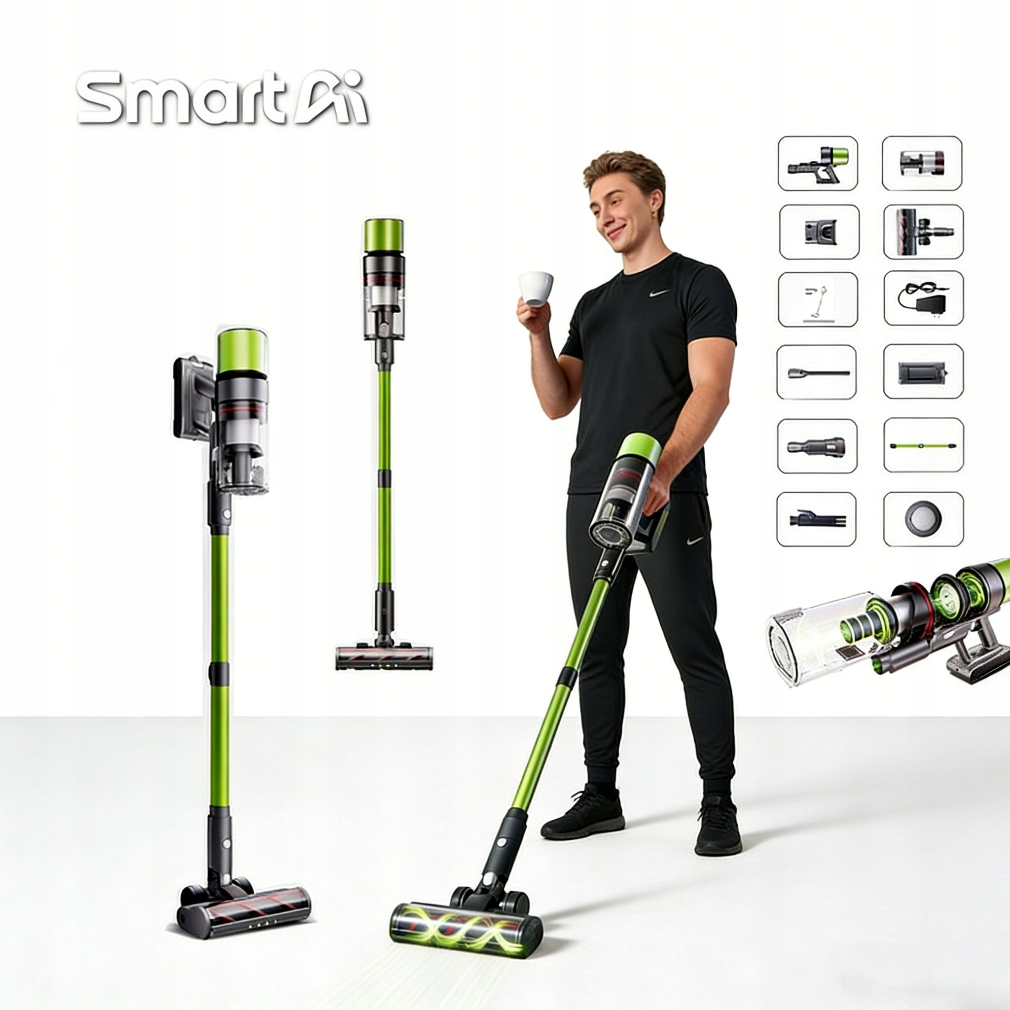 Vertical Cordless Vacuum Cleaner 2026 SmartAi V6 Green 650W 24Ah 65KPa 80Min