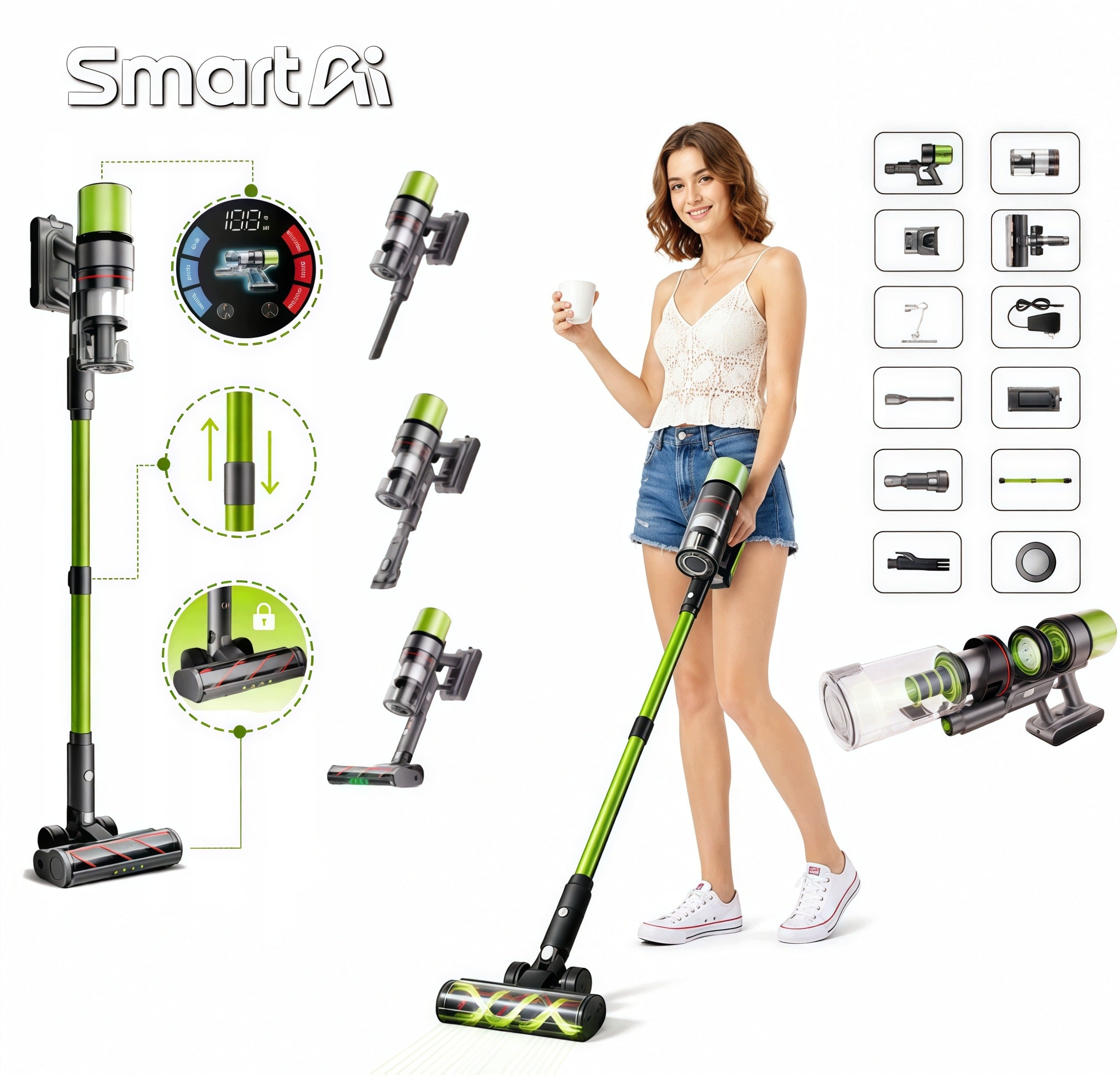 Vertical Cordless Vacuum Cleaner SmartAi V6 Green 650W 24Ah 65KPa 80Min 2026