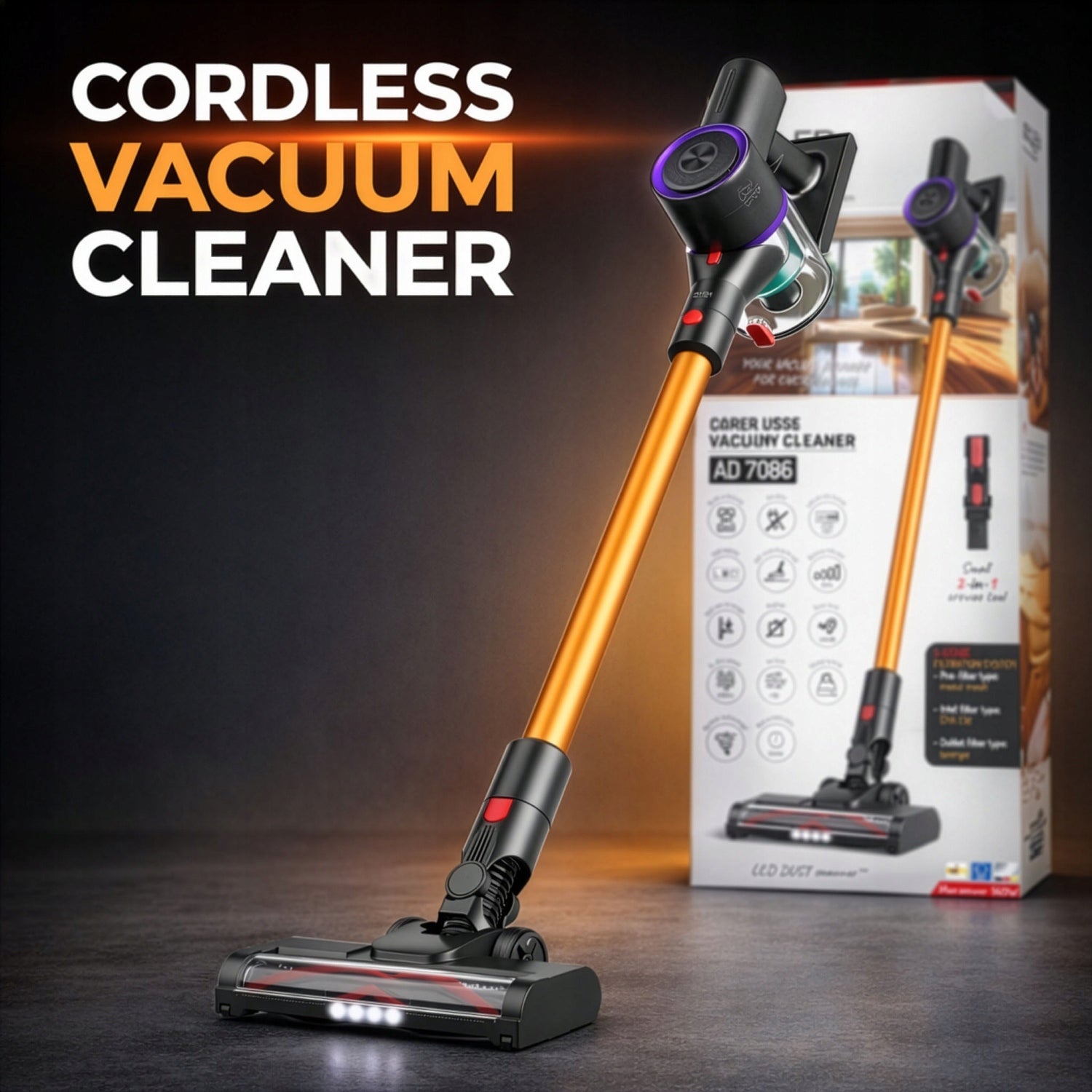 Vertical Vacuum Cleaner Wireless LED Electrobrush Powerful Handheld 2in1 ADLER Dominant color black