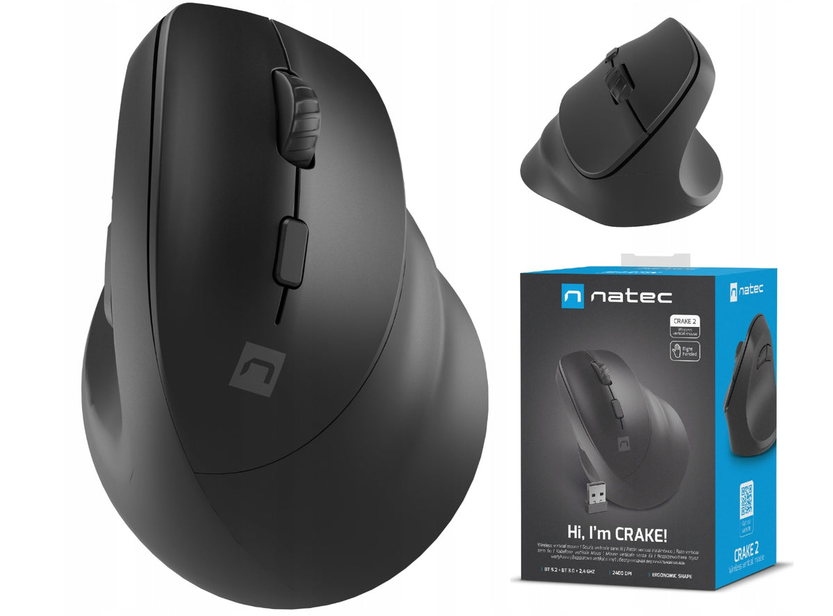 Vertical wireless mouse NATEC Crake 2 Black / BT 5.2 + 2.4GHz
