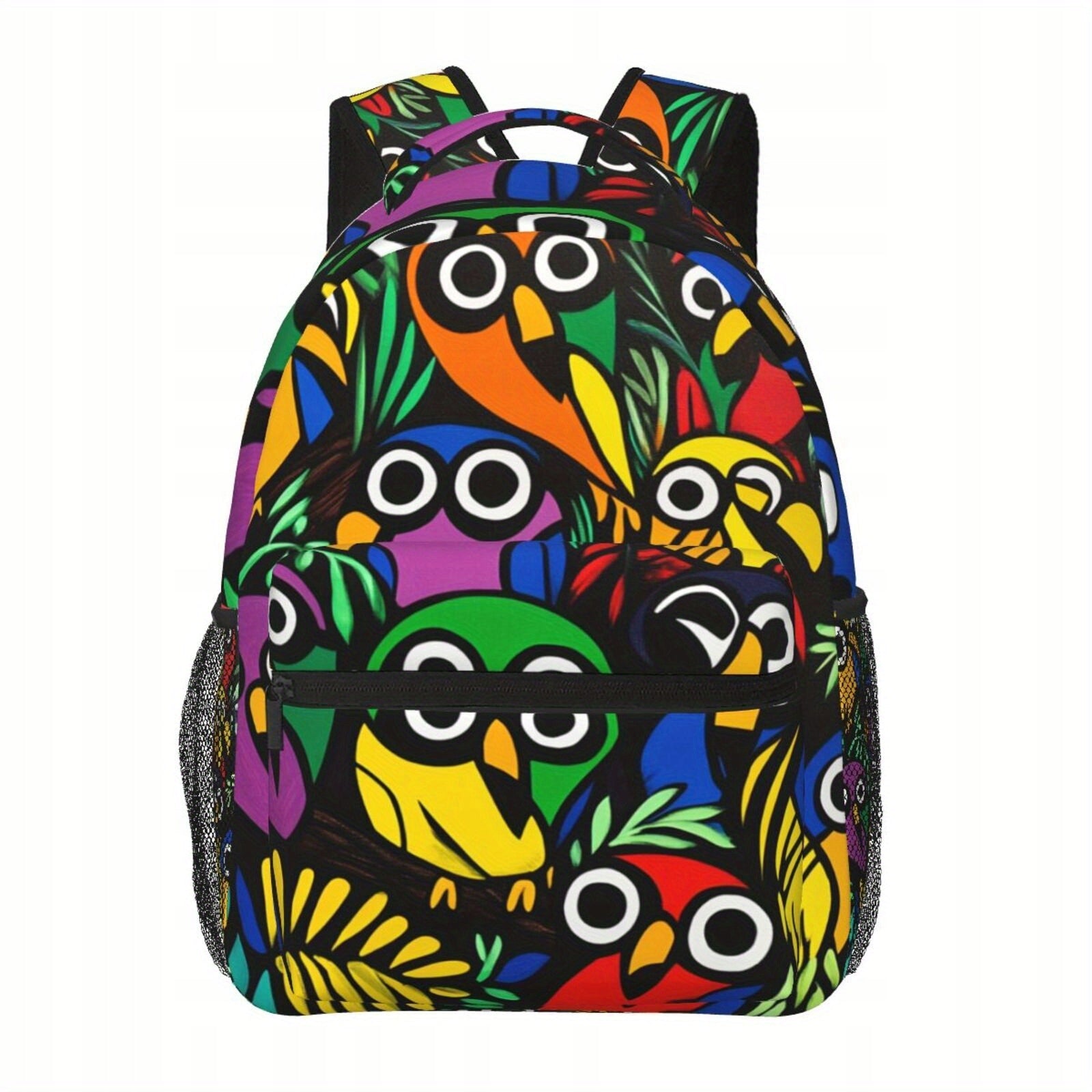 Vibrant Bird Print Backpack, Adjustable Straps, Multiple Compartments, Lightweight