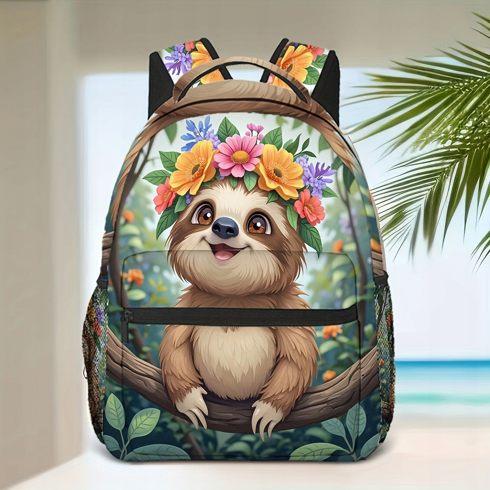 Vibrant Floral Sloth Backpack - Lightweight, Durable for School & Travel