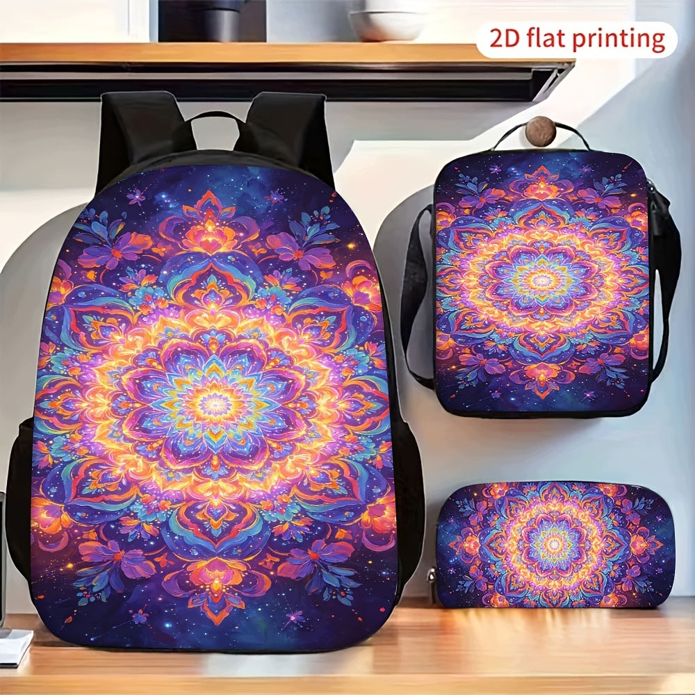 Vibrant Mandala Pattern 3-Piece Backpack Set with Crossbody Bag