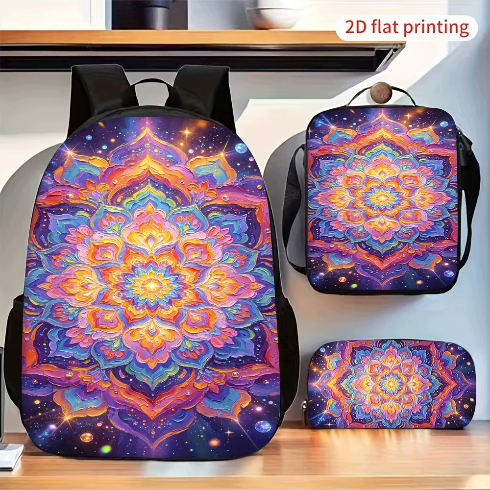Vibrant Mandala Pattern Backpack Set with 2D Flat Crossbody Pencil Case