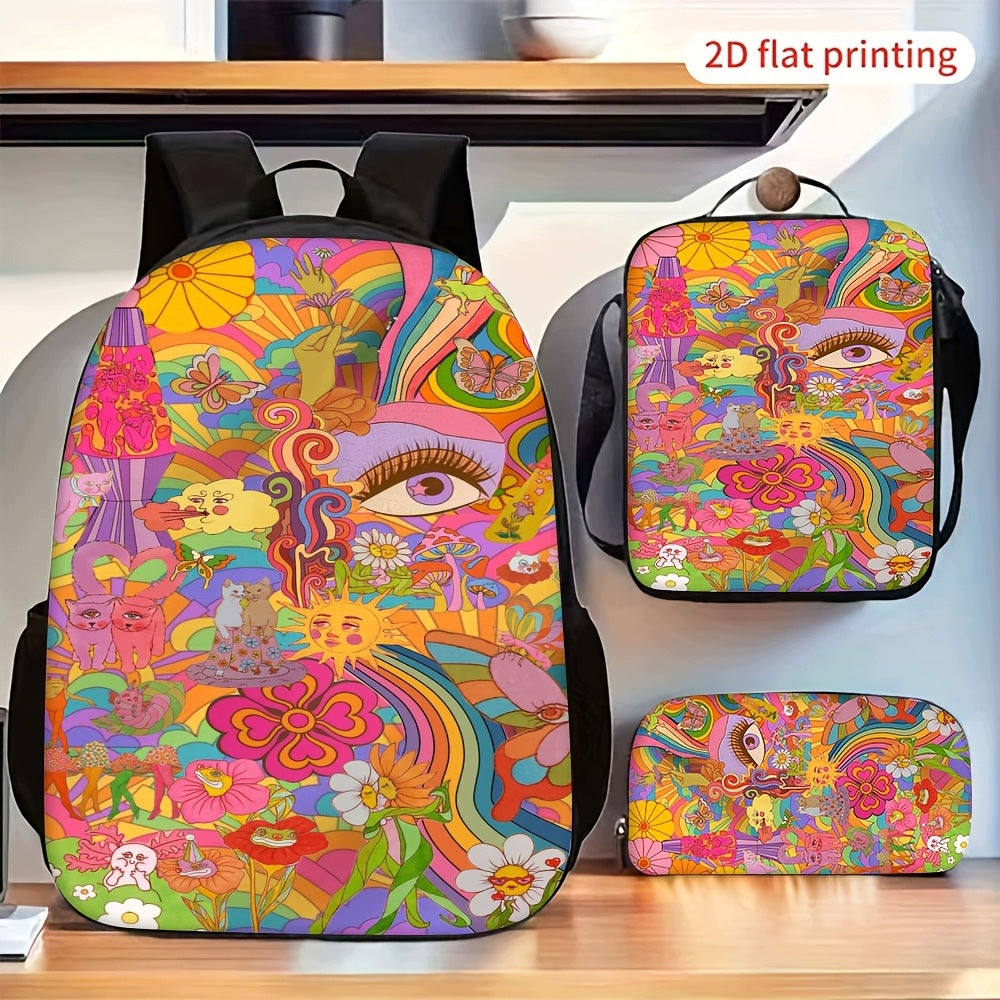 Vibrant Psychedelic Colorful Flower Eye Pattern Backpack Set