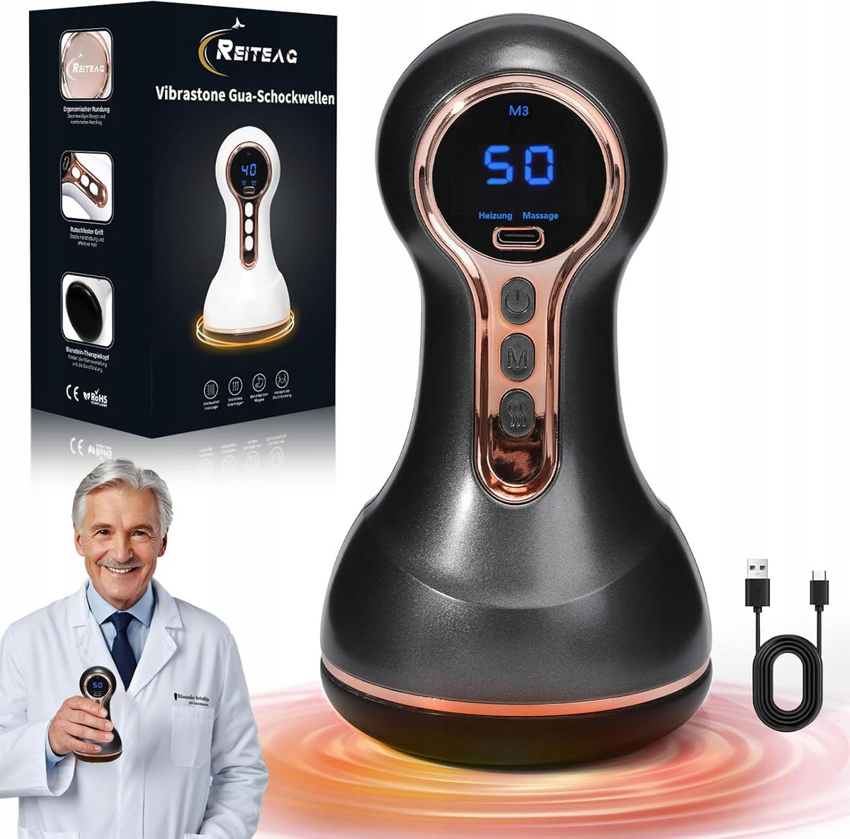 Vibration Body Massager with Heating Rechargeable Vibrastone Black