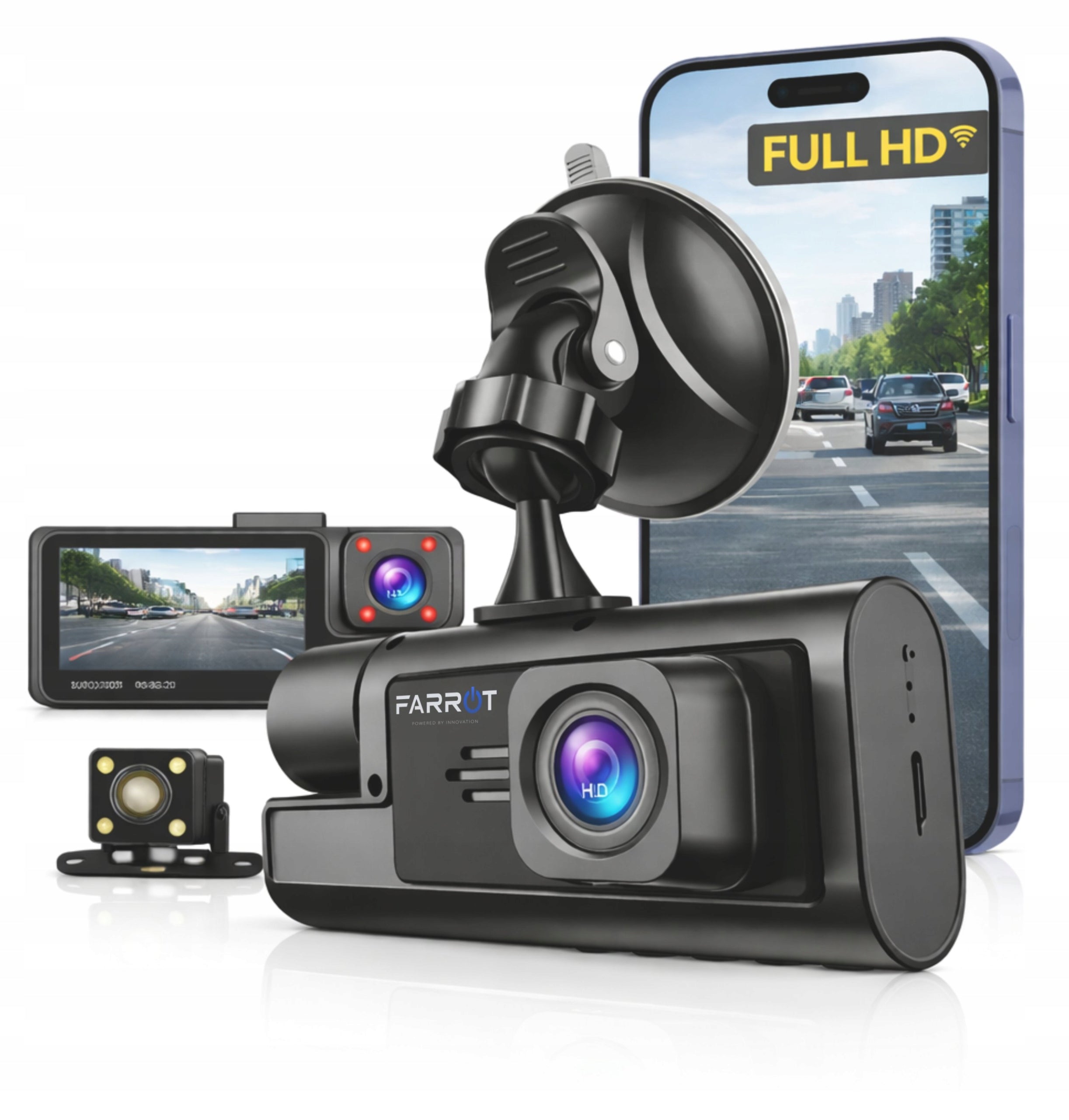 Video Recorder Car Camera 3in1 Front Interior Rear WiFi Full HD